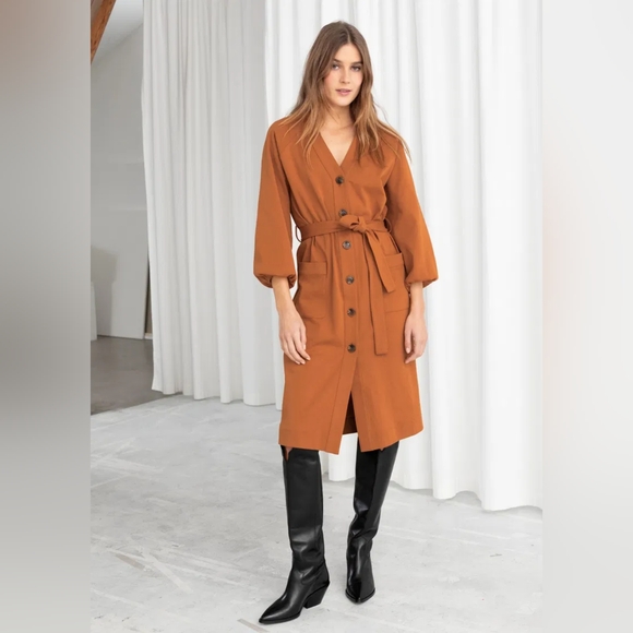 & Other Stories Belted Cotton Midi Dress Size 6 in Camel/Orange. - Picture 2 of 6